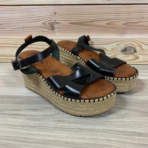 Musse & Cloud Shoes - Musse & Cloud Anthropologie Sandal 39 Wedge Black Leather Platform Espadrille